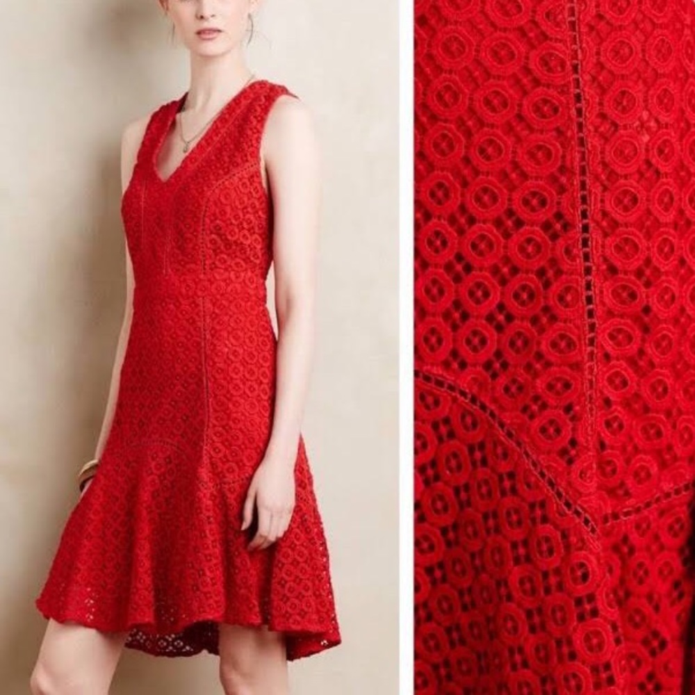 ANTHROPOLOGIE San & Soni Red Lace Eyelet Lined Cotton Dress |